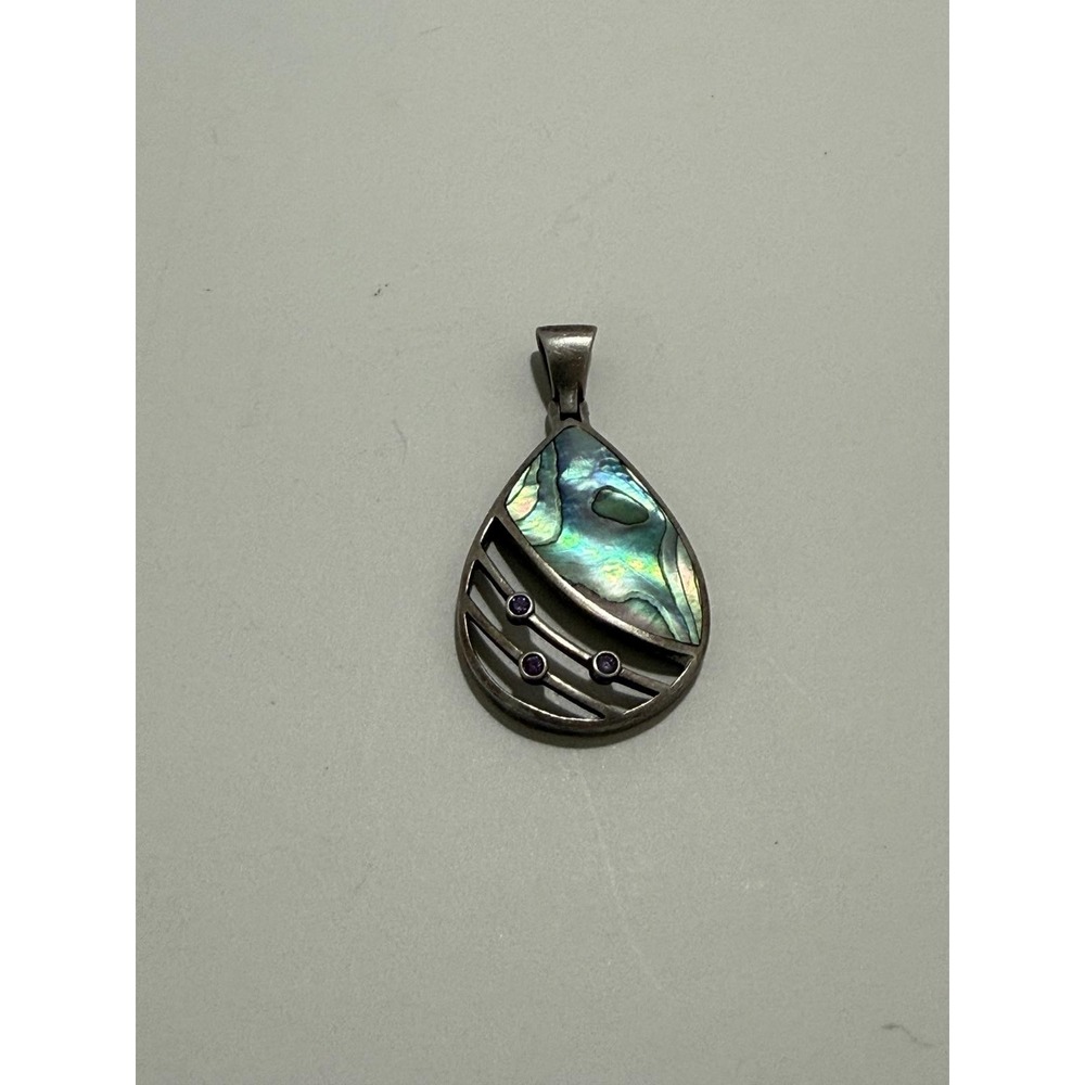 Vintage Sterling Silver Teardrop Abalone Shell Pendant with Amethyst 925